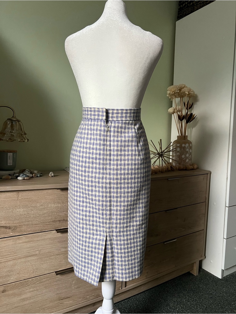 Vintage Tweed Basketweave Checkered Straight High-Waist Midi Pastel Wool Skirt M